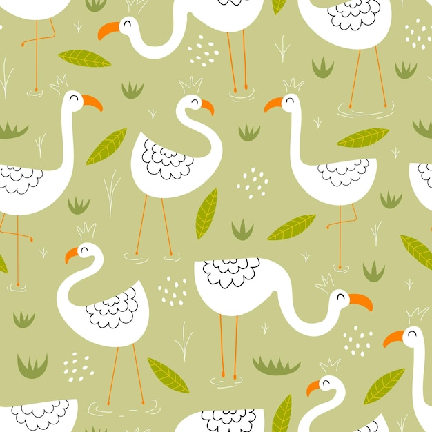 Seamless pattern with cute cartoon flamingos