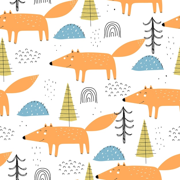 Seamless pattern with cute cartoon fox