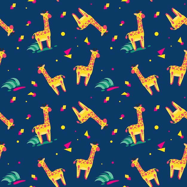 Seamless pattern with cute cartoon giraffes colorful cheerful background