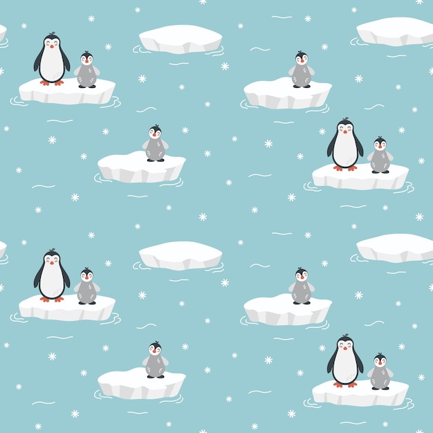 Seamless pattern with cute cartoon hand draw baby penguin on ice floe on blue background