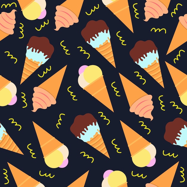 Seamless pattern with cute cartoon ice cream and abstract shapes Vector illustration