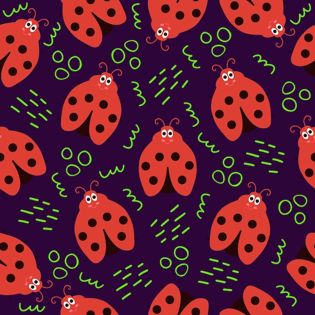 Seamless pattern with cute cartoon ladybugs and abstract shapes Vector illustration