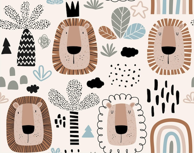 Vector seamless pattern with cute cartoon lion