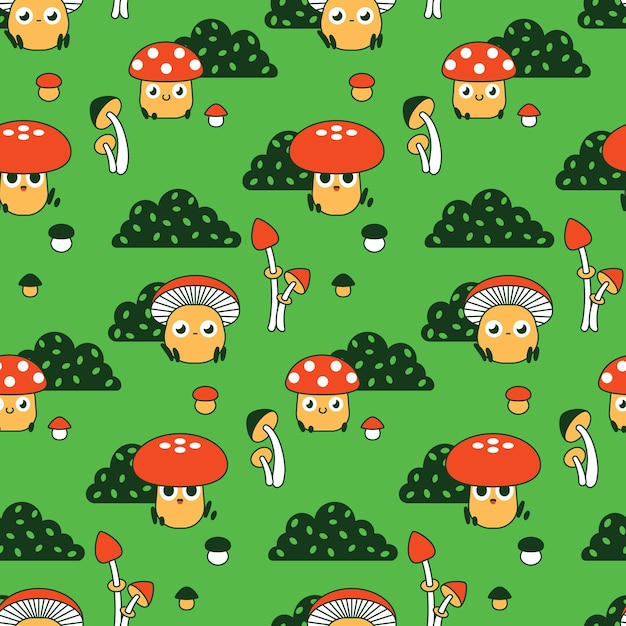 Бесшовный узор с милыми мультяшными грибами Дизайн поверхности с ретро-грибными персонажами, довольно мухомор и другие растения на зеленом фоне Векторная иллюстрация