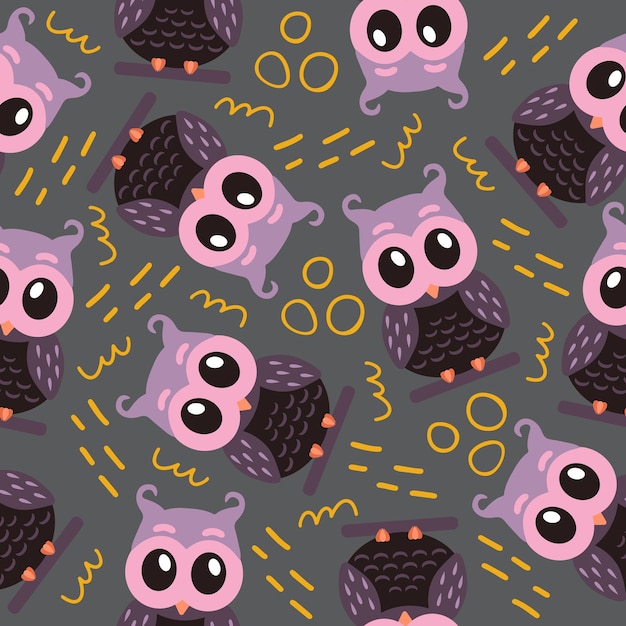 Seamless pattern with cute cartoon owl and abstract shapes Vector illustration