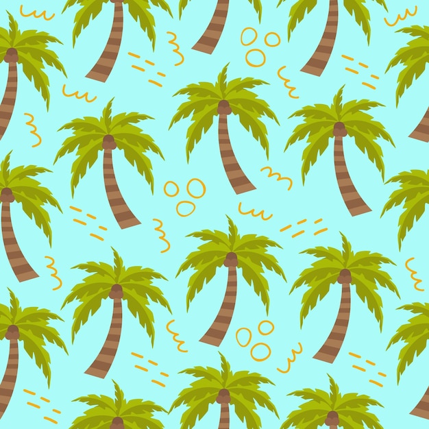 Seamless pattern with cute cartoon palm and abstract shapes Vector illustration