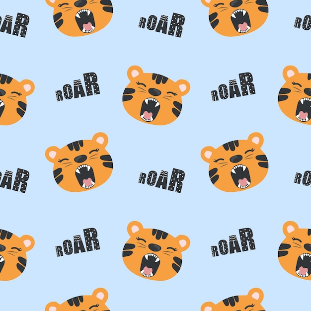 Seamless pattern with cute cartoon tiger with open mouth roaring Background for wrapping paper greeting cards design