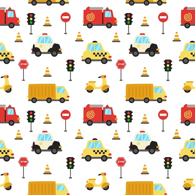 Seamless pattern with cute cartoon transportation means.