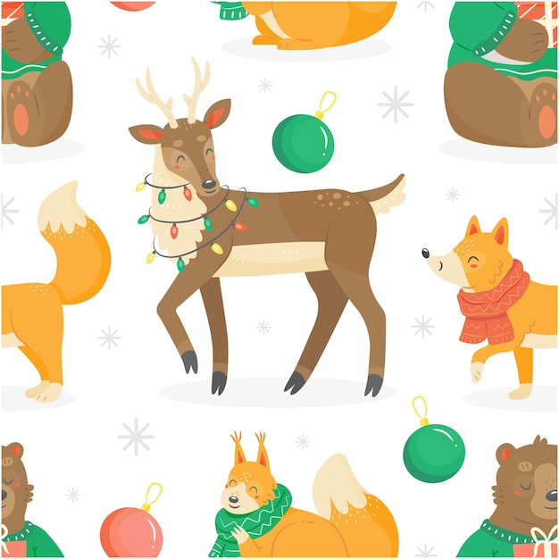 Modello senza cuciture con simpatici animali di natale in stile cartone animato cervo volpe orso e scoiattolo