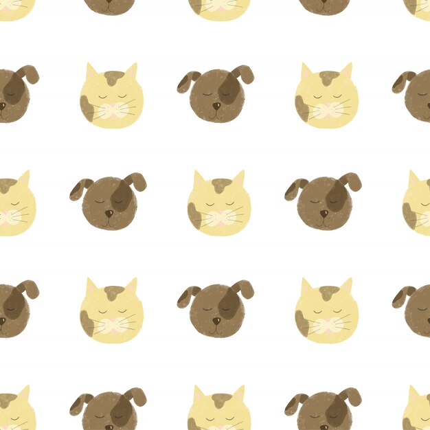 Seamless pattern with cute cat and dog faces