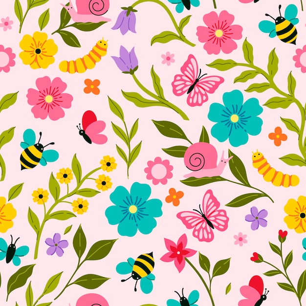 Vector seamless pattern with cute caterpillars butterflies and bees and flowers