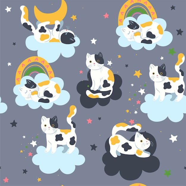 Seamless pattern with cute cats and clouds. vector graphics.