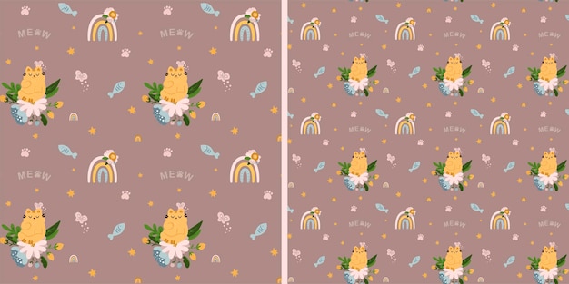 Seamless pattern with cute cats in flowers on a brown background children's texture in scandinavian style for fabric textile clothing nursery decoration vector illustration