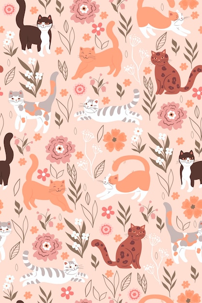 Seamless pattern with cute cats and flowers. vector graphics.