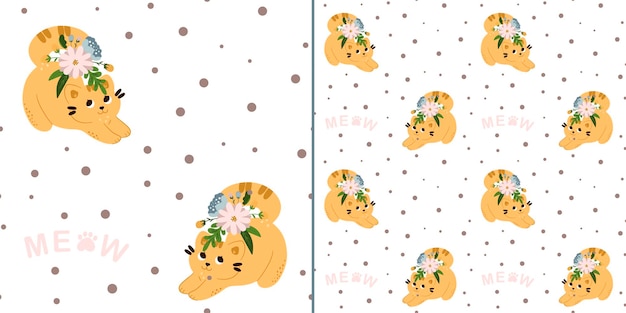 Seamless pattern with cute cats in flowers on a white background Children's texture in scandinavian style for fabric textile clothing nursery decoration Vector illustration