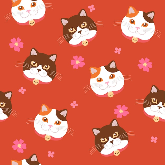 Seamless pattern with cute cats and flowers