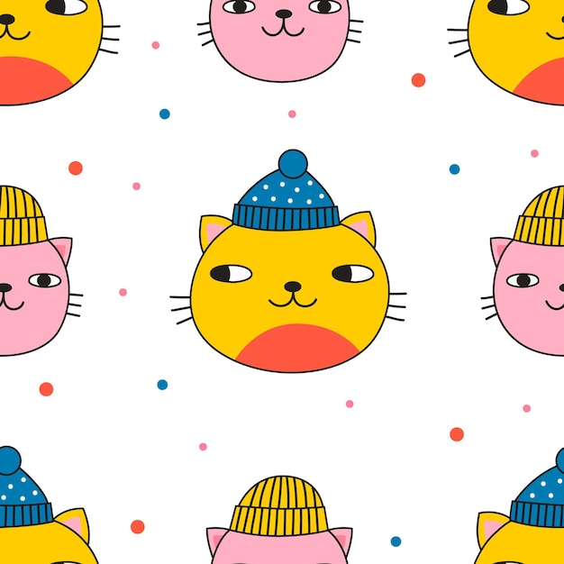 Бесшовный узор с милыми кошками в зимних шапках. векторная иллюстрация