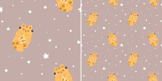 Seamless pattern with cute cats in the stars on a brown background children's texture in scandinavian style for fabric textile clothing nursery decoration vector illustration