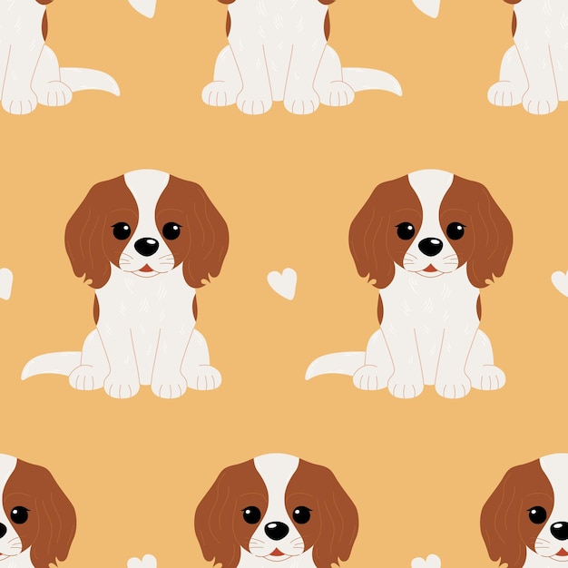 Seamless pattern with cute cavalier king charles spaniel dog and hearts isolated on yellow