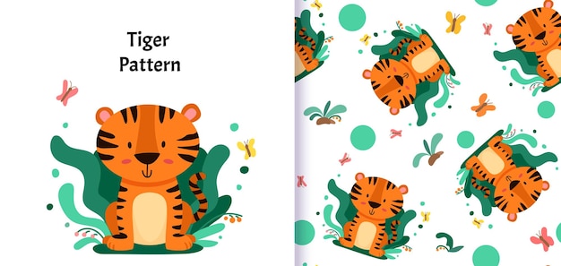 Seamless pattern with cute character tiger cute vector illustration for kids