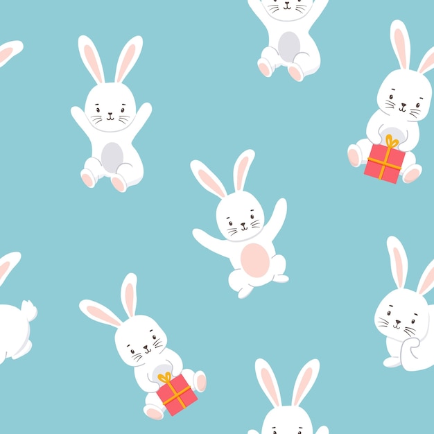 Seamless pattern with cute character white bunny vector illustration of rabbit isolated on blue background symbol new year 2023 and easter