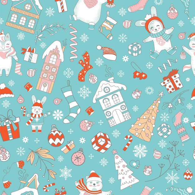 Seamless pattern with cute characters and Christmas elements isolated on mint color background. Vector illustration.