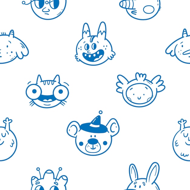 Seamless pattern with cute characters on white background Doodle animals print Cartoon creatures wallpaper
