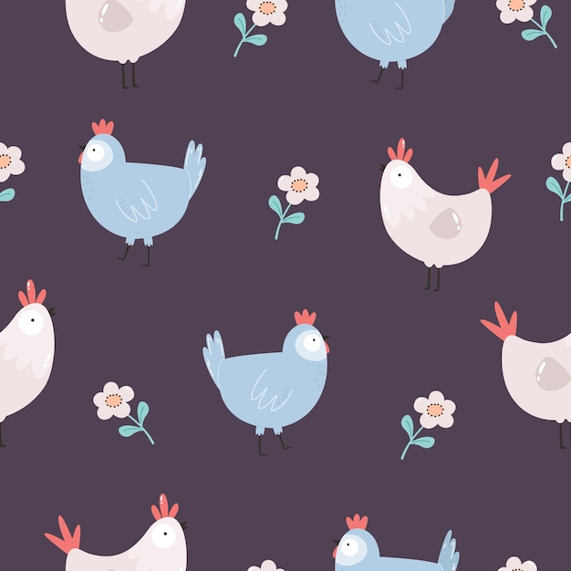 Seamless pattern with cute chickens roosters for Easter holidays