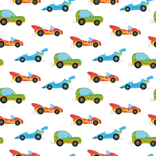 Modello senza cuciture con simpatiche automobili colorate per bambini disegno per tessuti con trasporto di automobili