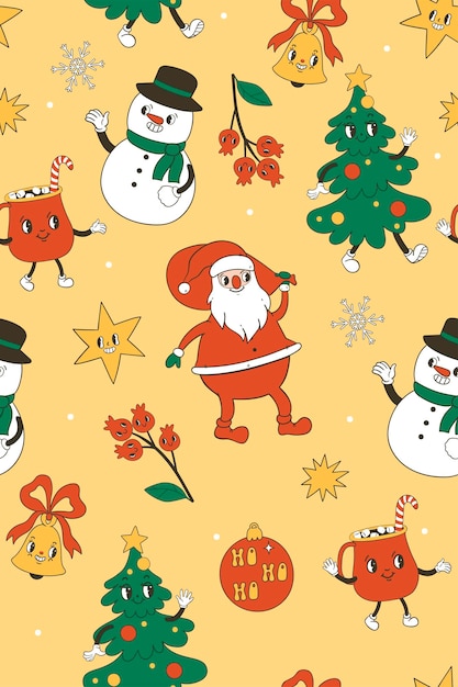 グルーヴィーなスタイルのベクトル画像でかわいいクリスマスのキャラクターとのシームレスなパターン