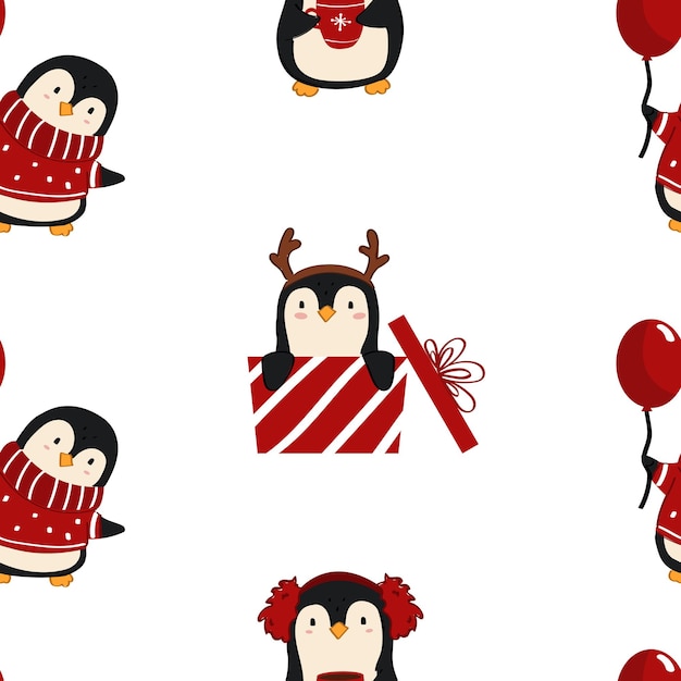 Seamless pattern with cute Christmas penguins