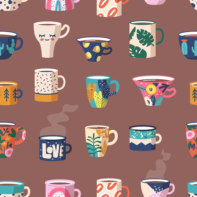 Vector seamless pattern with cute coffee or tea cups in various colors and designs forming a delightful and charming display