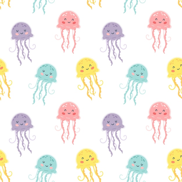 Seamless pattern with cute colored cartoon jellyfish on a white background Kids sea animals design