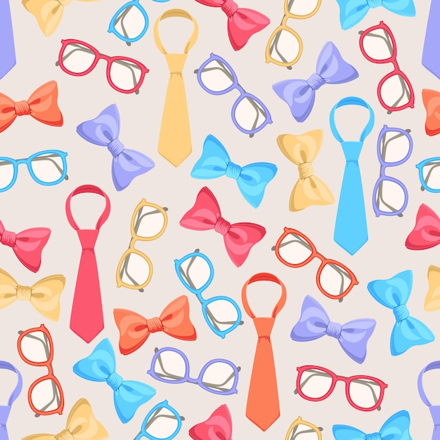 Seamless pattern with cute colored glasses, ties and bows