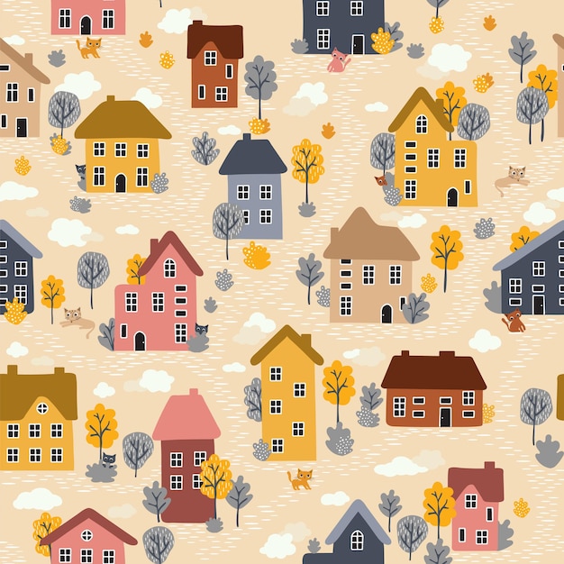 Seamless pattern with cute colorfull houses autumn trees and cloud