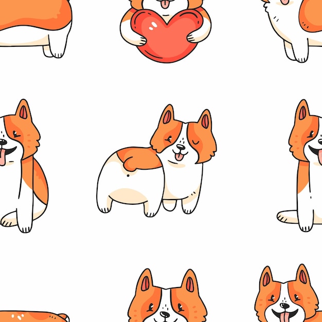 만화 낙서 스타일 벡터 일러스트 배경에서 귀여운 Corgi 강아지와 함께 완벽 한 패턴