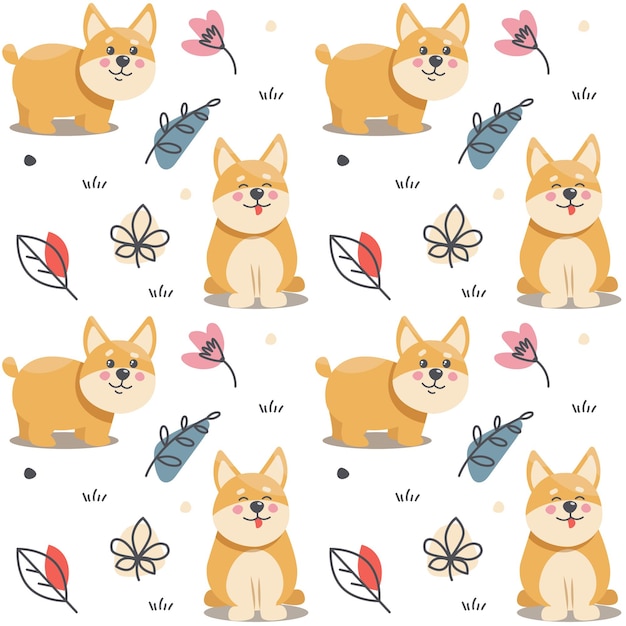 Vector seamless pattern with cute corgi dogs and leaves