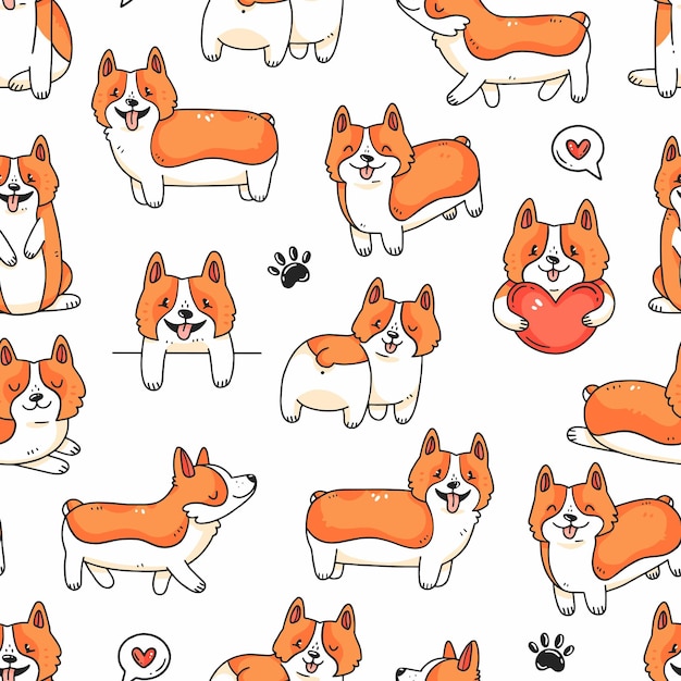 Modello senza cuciture con simpatici cani corgi zampe e cuori in stile scarabocchio dei cartoni animati