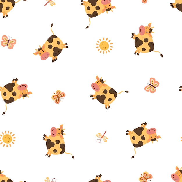 Seamless pattern with cute cows. Farm in hand-drawn style. Design for fabric, textile, wallpaper