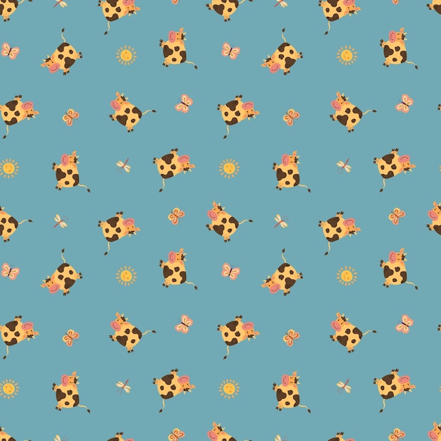 Seamless pattern with cute cows. farm in hand-drawn style.