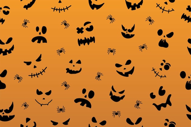 Seamless pattern with cute and creepy pumpkins ghosts and monster faces for Halloween design Vector illustration