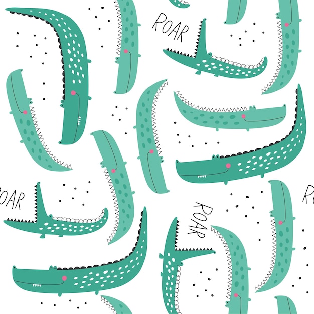 Seamless pattern with cute crocodiles Vector illustrations