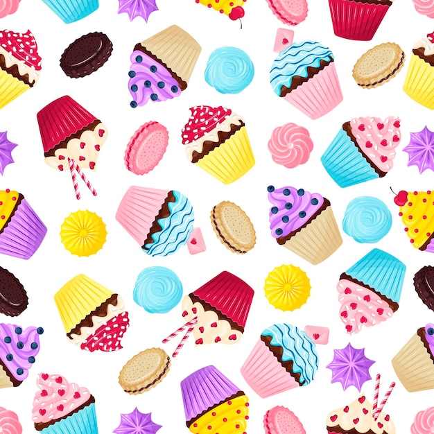 Seamless pattern with cute cupcakes cookies and meringues on a white background in a cartoon flat style