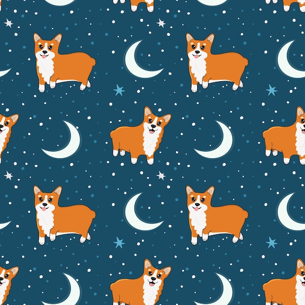 Seamless pattern with cute cute corgi and moon with a stars