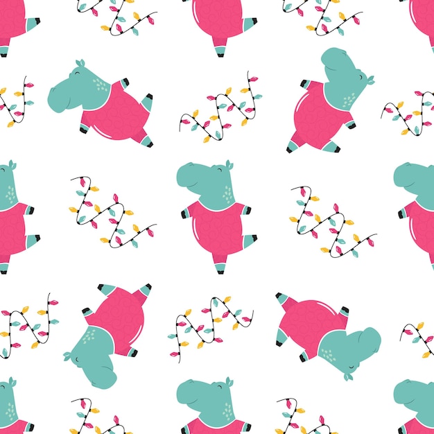 Seamless pattern with cute dancing hippo Vector illustration with funny characters