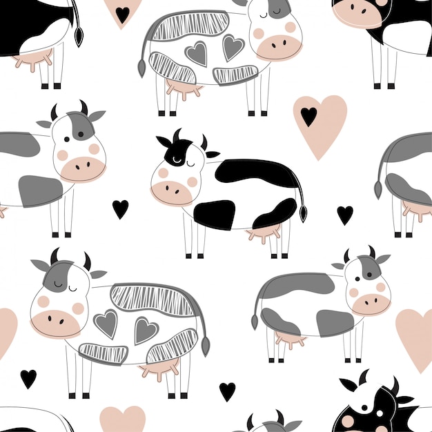 Seamless pattern with cute different cows.