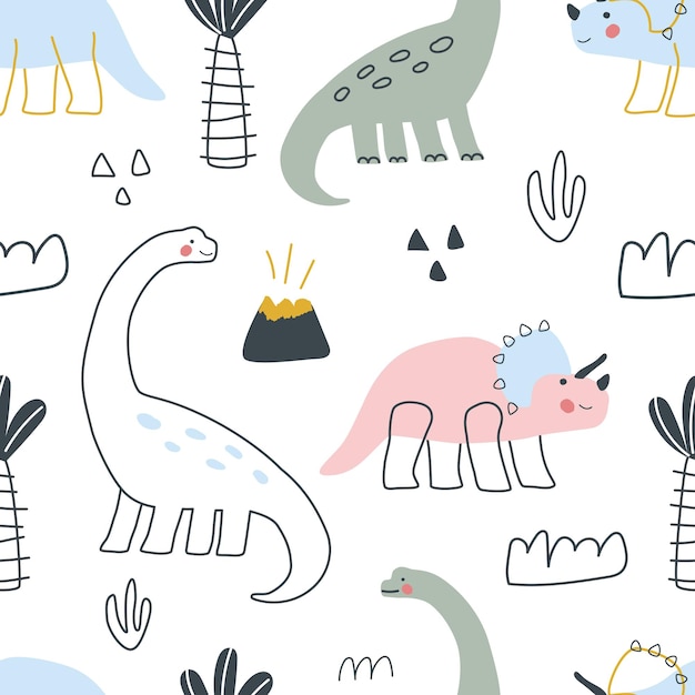 Seamless pattern with cute dinosaur animals in handmade technique Vector illustration for printing