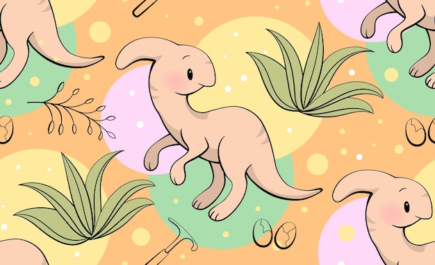 Vector seamless pattern with cute dinosaur parasaurolophus in kawaii style vector