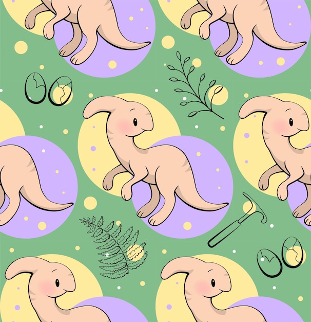 Seamless pattern with cute dinosaur parasaurolophus in kawaii style vector