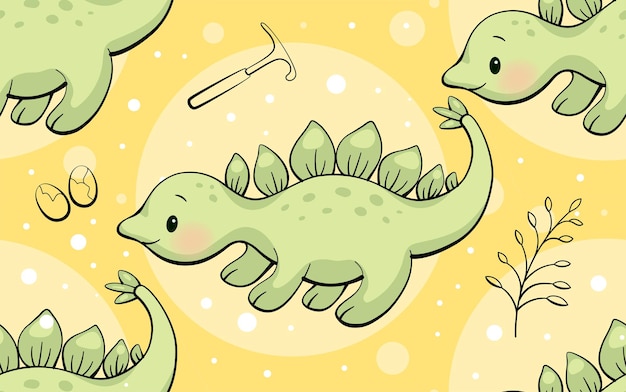 Vector seamless pattern with cute dinosaur stegosaurus in kawaii style vector